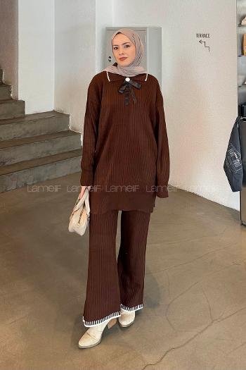 Lamelif Kurdela Detaylı Triko Takım Acı Kahve