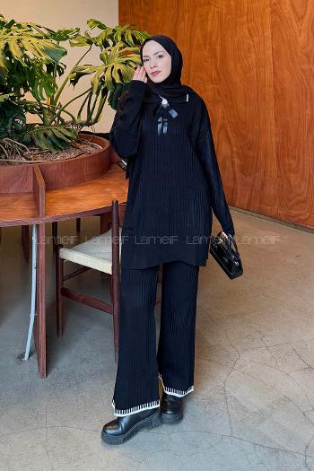 Lamelif Kurdela Detaylı Triko Takım Siyah