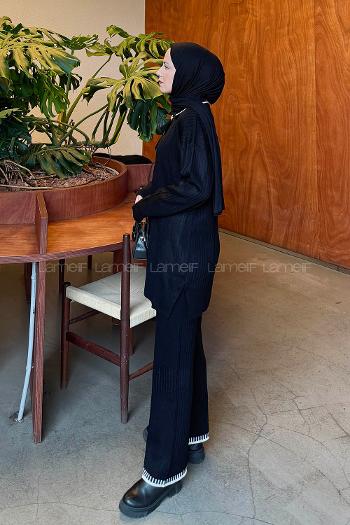 Lamelif Kurdela Detaylı Triko Takım Siyah
