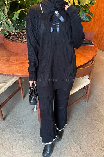 Lamelif Kurdela Detaylı Triko Takım Siyah