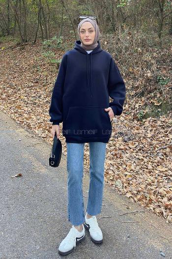 Lamelif Üç İplik Kanguru Cep Sweatshirt Lacivert