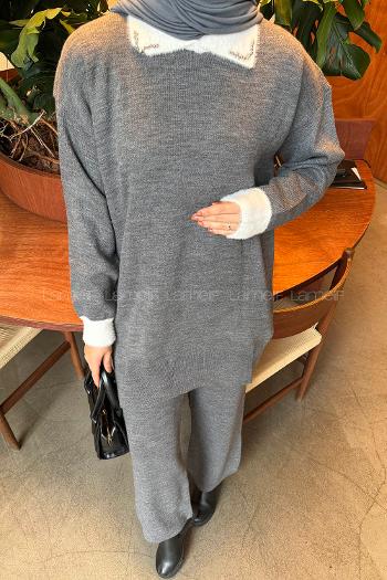 Gray Shirt Collar Long Arm Acrylic Knitwear Regular Trousers Comfortable Suit