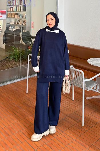 Lamelif Yakası Taşlı Triko Takım Lacivert