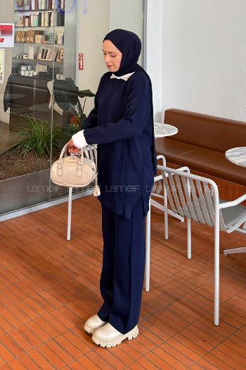 Lamelif Yakası Taşlı Triko Takım Lacivert