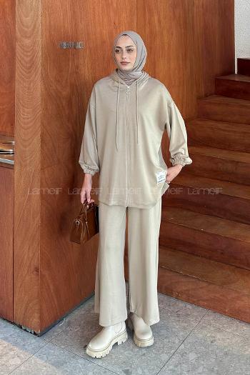 Beige Hood Neck Long Arm Cotton Elastan Regular Trousers Comfortable Suit
