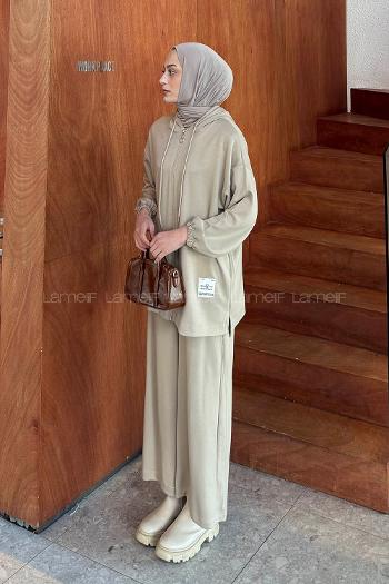 Beige Hood Neck Long Arm Cotton Elastan Regular Trousers Comfortable Suit
