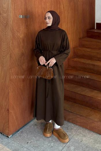 Lamelif Bağlama Detaylı Elbise Acı Kahve