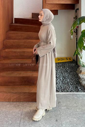 Lamelif Bağlama Detaylı Elbise Taş Rengi