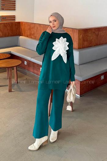 Emerald Green Neckband Long Arm Acrylic Knitwear Regular Trousers Comfortable Suit