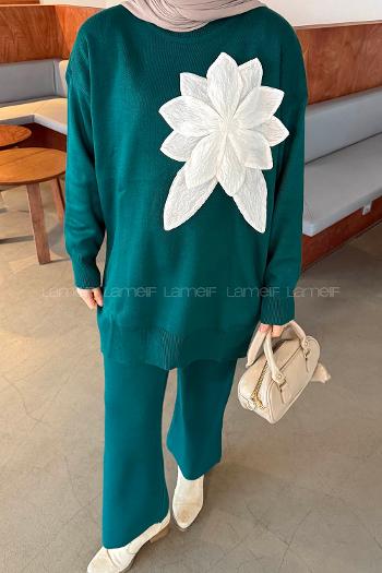 Emerald Green Neckband Long Arm Acrylic Knitwear Regular Trousers Comfortable Suit