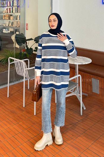 Lamelif Çizgili Sweat Lacivert