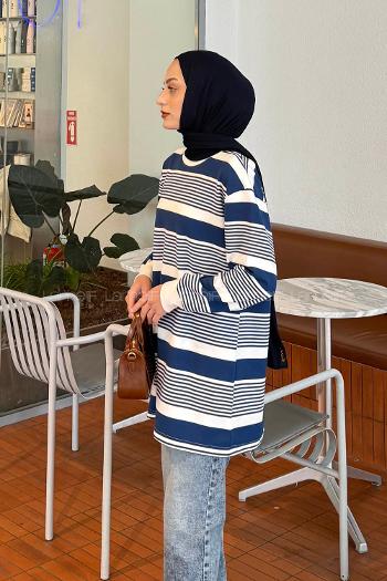 Lamelif Çizgili Sweat Lacivert