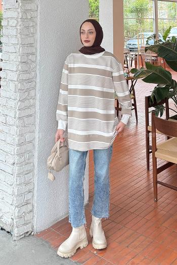 Lamelif Çizgili Sweat Vizonrengi