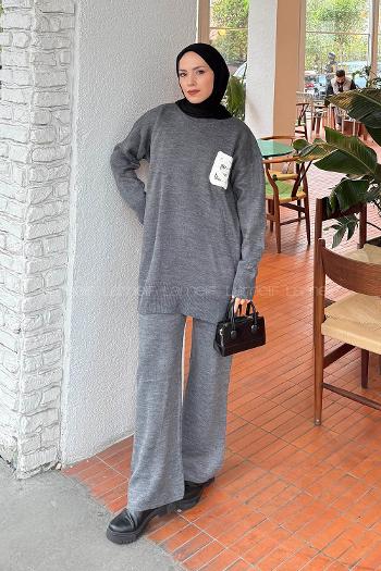 Lamelif Dantel Cep Detaylı Triko Takım Füme