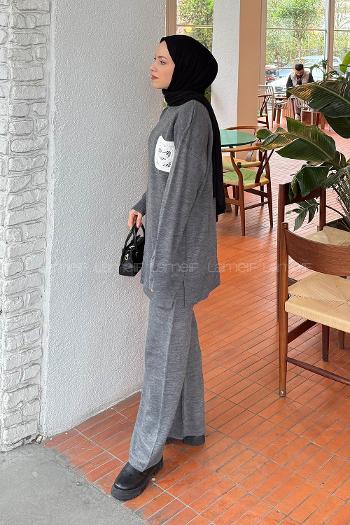 Lamelif Dantel Cep Detaylı Triko Takım Füme