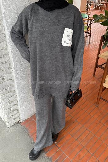 Lamelif Dantel Cep Detaylı Triko Takım Füme