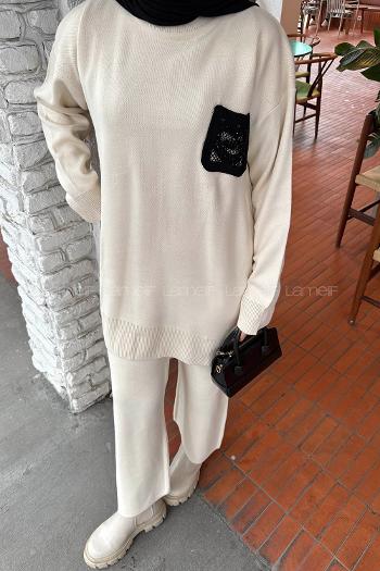 Lamelif Dantel Cep Detaylı Triko Takım Krem