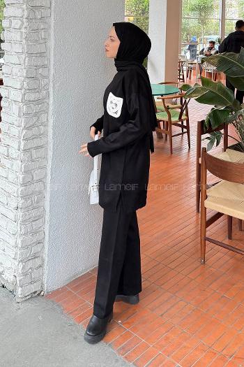 Lamelif Dantel Cep Detaylı Triko Takım Siyah