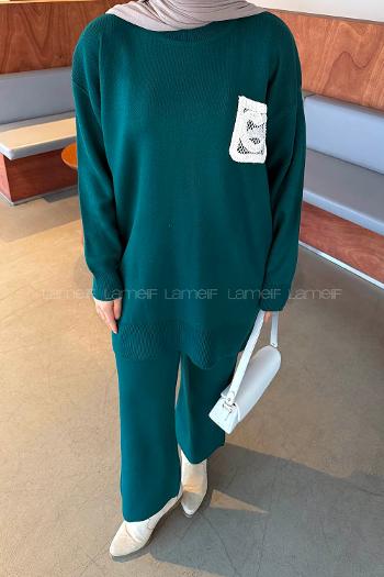Lamelif Dantel Cep Detaylı Triko Takım Zümrüt Yeşili