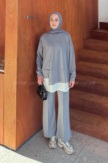 Lamelif Fermuarlı Garnili Takım Gri