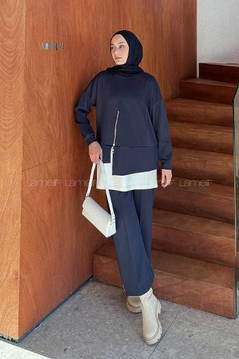 Lamelif Fermuarlı Garnili Takım Lacivert