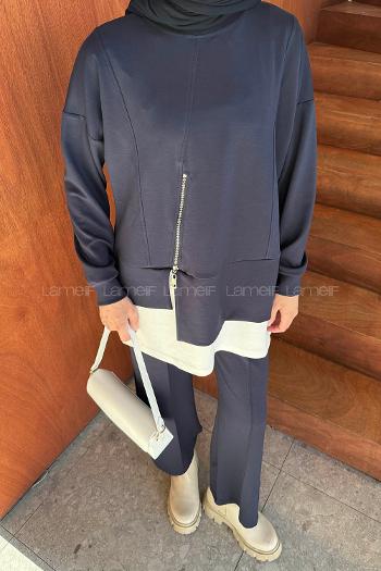 Lamelif Fermuarlı Garnili Takım Lacivert