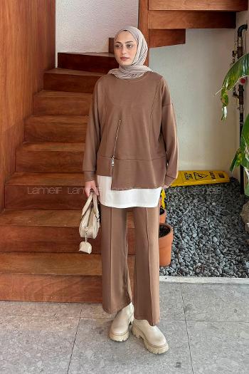 Soft Brown Crew Neck Long Arm Cotton Elastan Regular Trousers Comfortable Suit