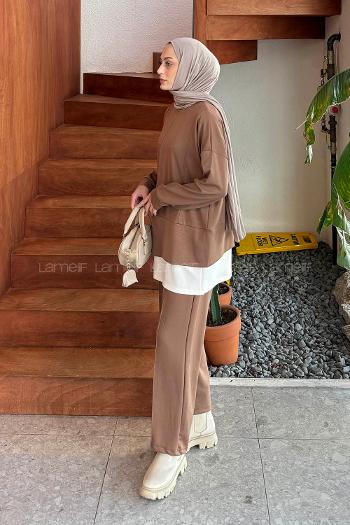 Soft Brown Crew Neck Long Arm Cotton Elastan Regular Trousers Comfortable Suit