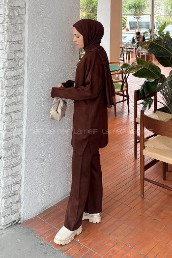 Lamelif İnci İşlemeli Tesettür Takım Acı Kahve
