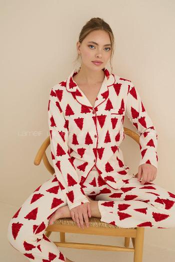 Lamelif Yakalı Düğmeli Pijama Takımı Ekru