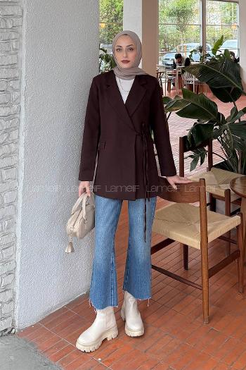 Lamelif Yan Bağlama Detaylı Ceket Acı Kahve