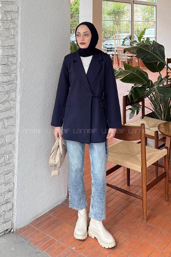 Lamelif Yan Bağlama Detaylı Ceket Lacivert