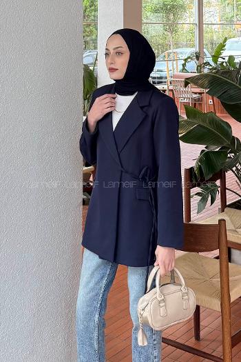 Lamelif Yan Bağlama Detaylı Ceket Lacivert