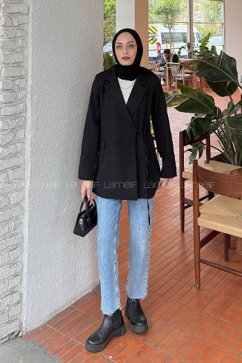 Lamelif Yan Bağlama Detaylı Ceket Siyah