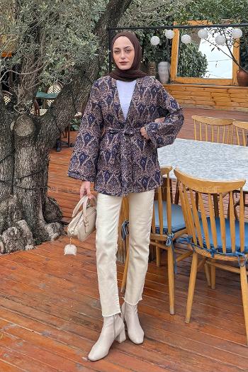 Lamelif Etnik Desen Kapitone Ceket Lacivert