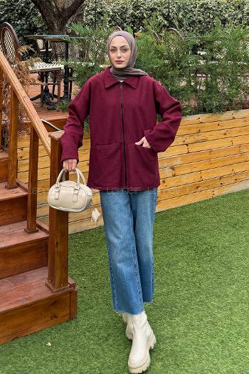 Lamelif Fermuarlı Tesettür Ceket Bordo