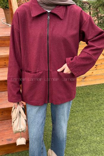 Lamelif Fermuarlı Tesettür Ceket Bordo