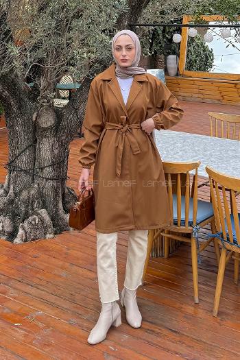 Lamelif Kol Manşet Lastikli Trençkot Taba