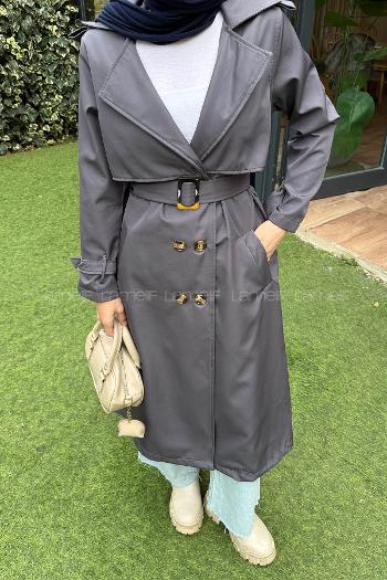 Lamelif Kuşaklı Omuz Apoletli Trençkot Antrasit