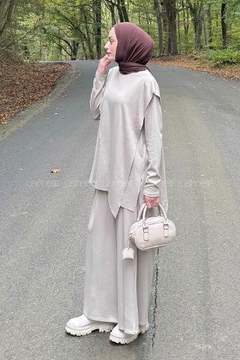 Beige Normal Neck Long Arm Cotton Elastan Regular Trousers Comfortable Suit