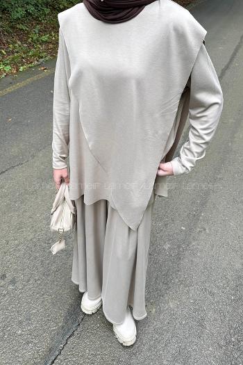 Beige Normal Neck Long Arm Cotton Elastan Regular Trousers Comfortable Suit