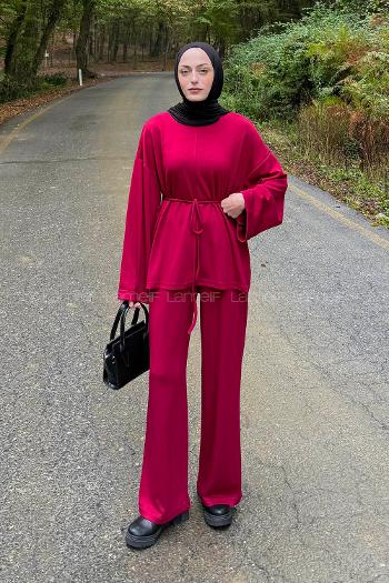 Claret Red Crew Neck Long Arm Cotton Regular Trousers Comfortable Suit