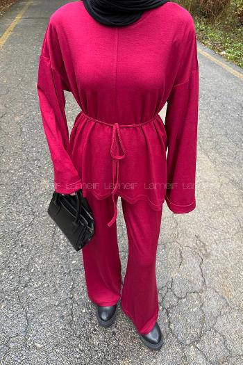 Claret Red Crew Neck Long Arm Cotton Regular Trousers Comfortable Suit