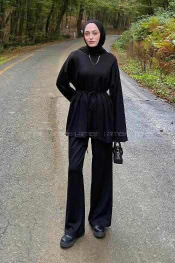 Black Crew Neck Long Arm Cotton Regular Trousers Comfortable Suit