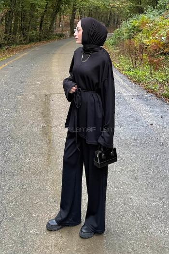 Black Crew Neck Long Arm Cotton Regular Trousers Comfortable Suit