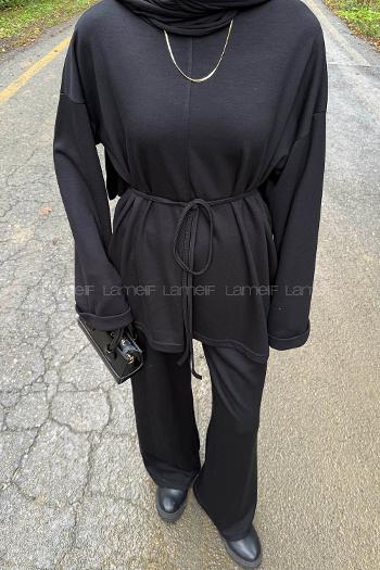 Black Crew Neck Long Arm Cotton Regular Trousers Comfortable Suit