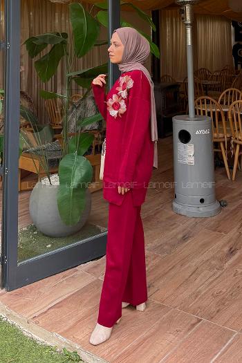 Lamelif Aksesuarlı Triko Takım Bordo