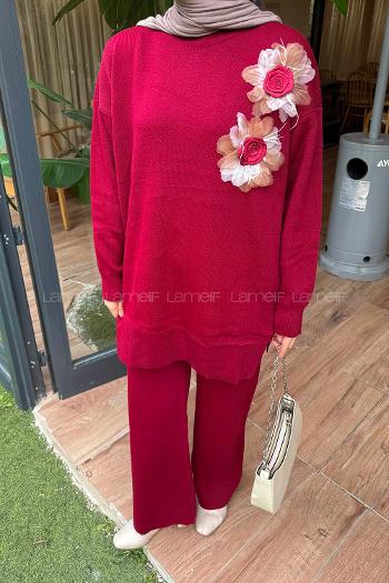 Lamelif Aksesuarlı Triko Takım Bordo