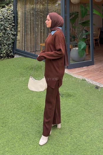 Lamelif Garnili Yaka Triko Takım Acı Kahve