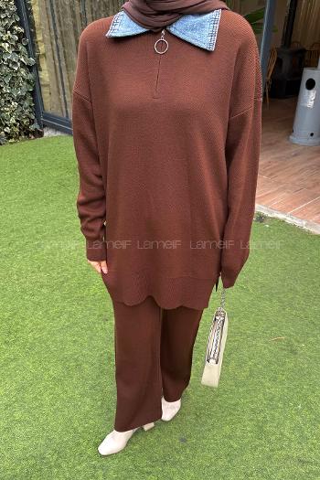 Lamelif Garnili Yaka Triko Takım Acı Kahve